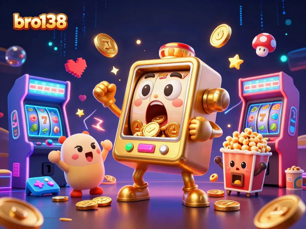 Win big at bro138 with a vibrant 3D slot machine jackpot scene showcasing exciting gaming action.