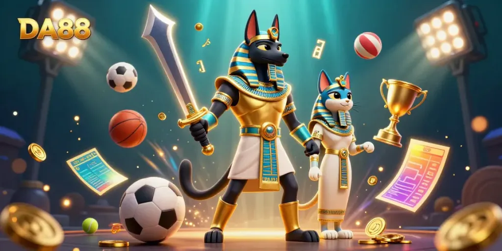 Experience DA88's dynamic gaming scene with Anubis and Bastet amidst flying sports balls and golden trophies.