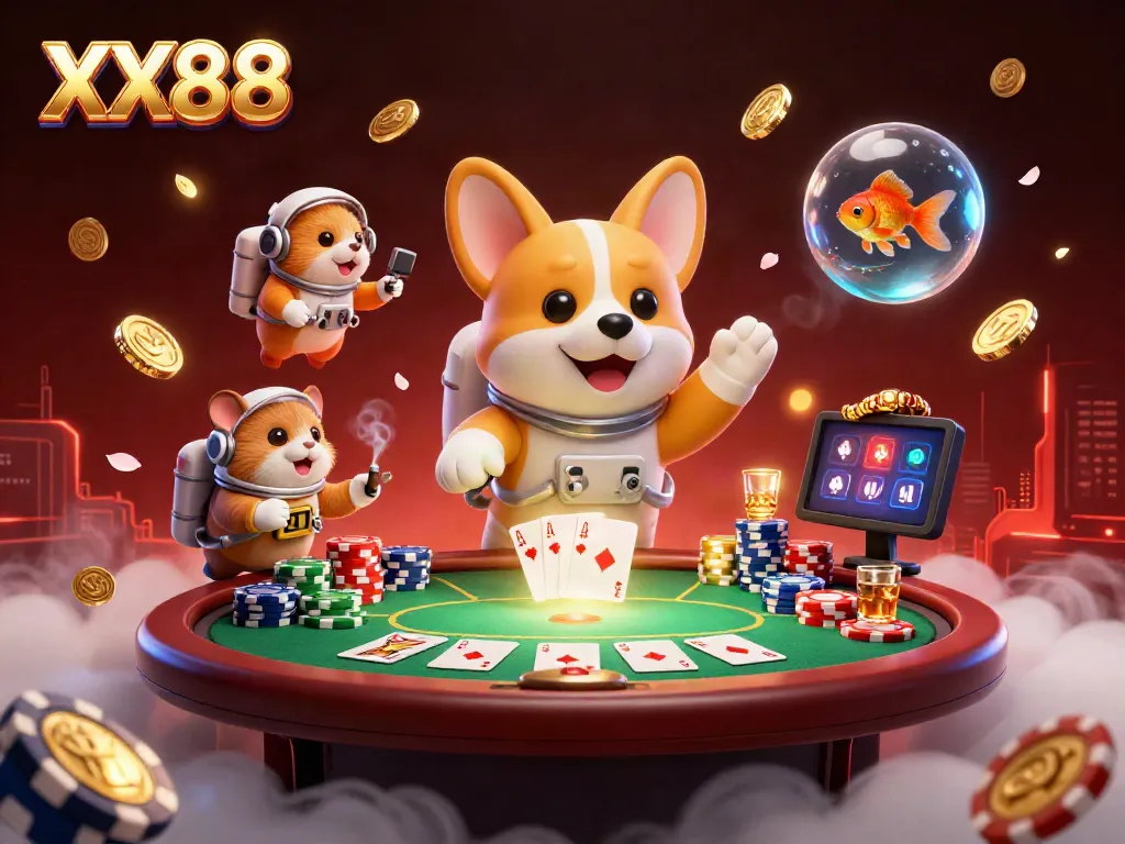 Experience lively 3D casino adventure with XX88 as a floating corgi navigates space.