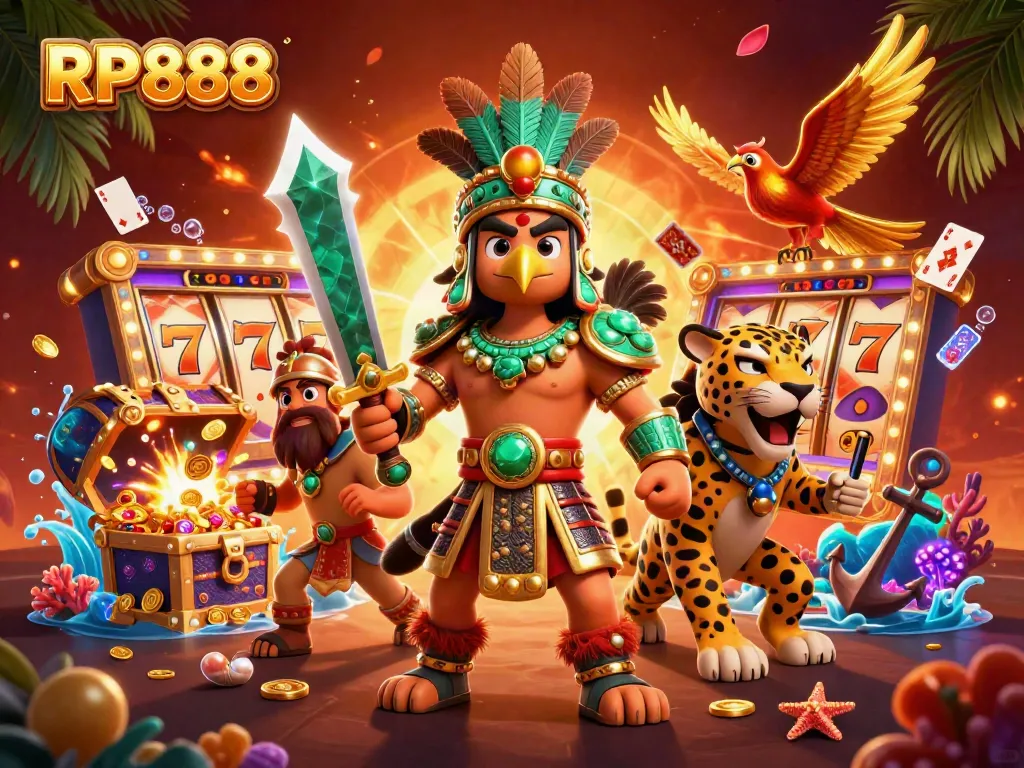 Experience the thrill of RP888 with vibrant slot reels and dynamic characters in a rich casino atmosphere.