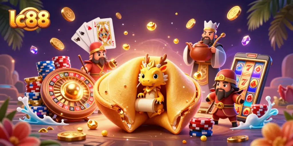 Experience the thrill of lc88 with colorful chips, spinning roulette, and golden treasures.