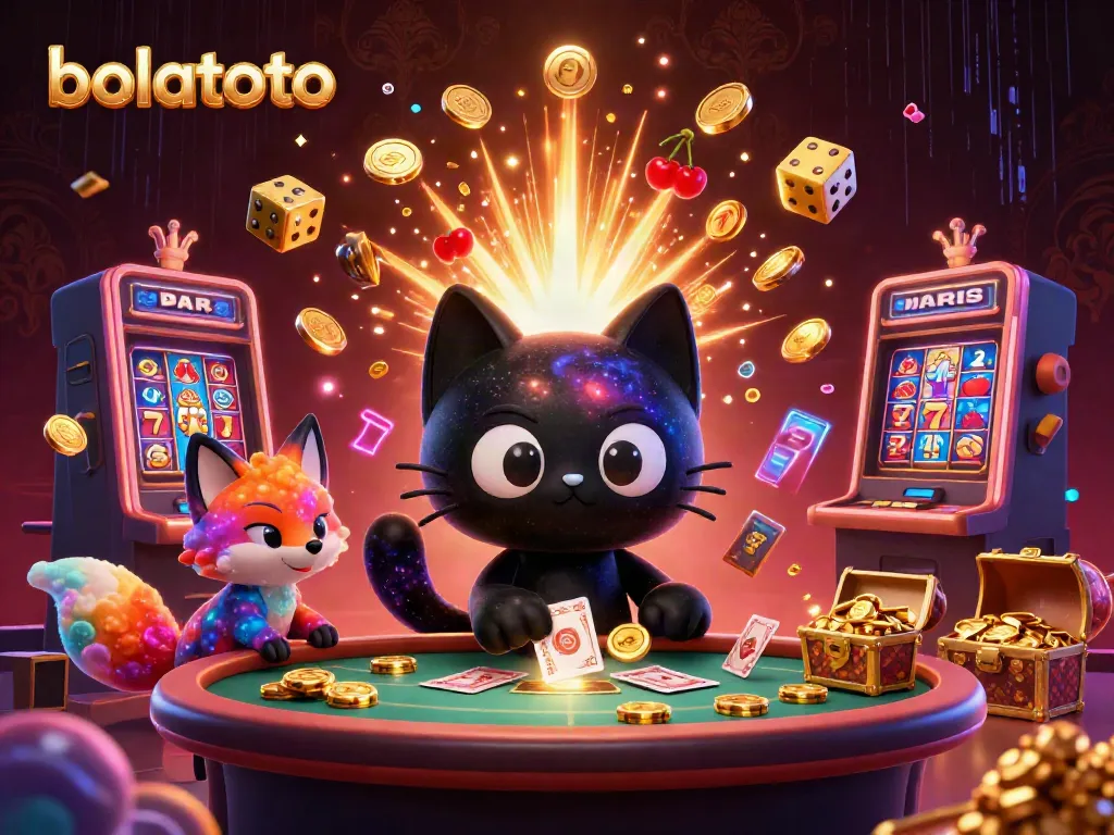 Experience the excitement of bolatoto with a cosmic casino scene featuring a black hole cat and a nebula fox amidst vibrant gaming elements.