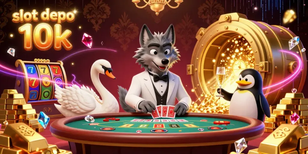 Experience thrilling slot depo 10k action with a cartoon wolf, swan, and penguin amid treasures.