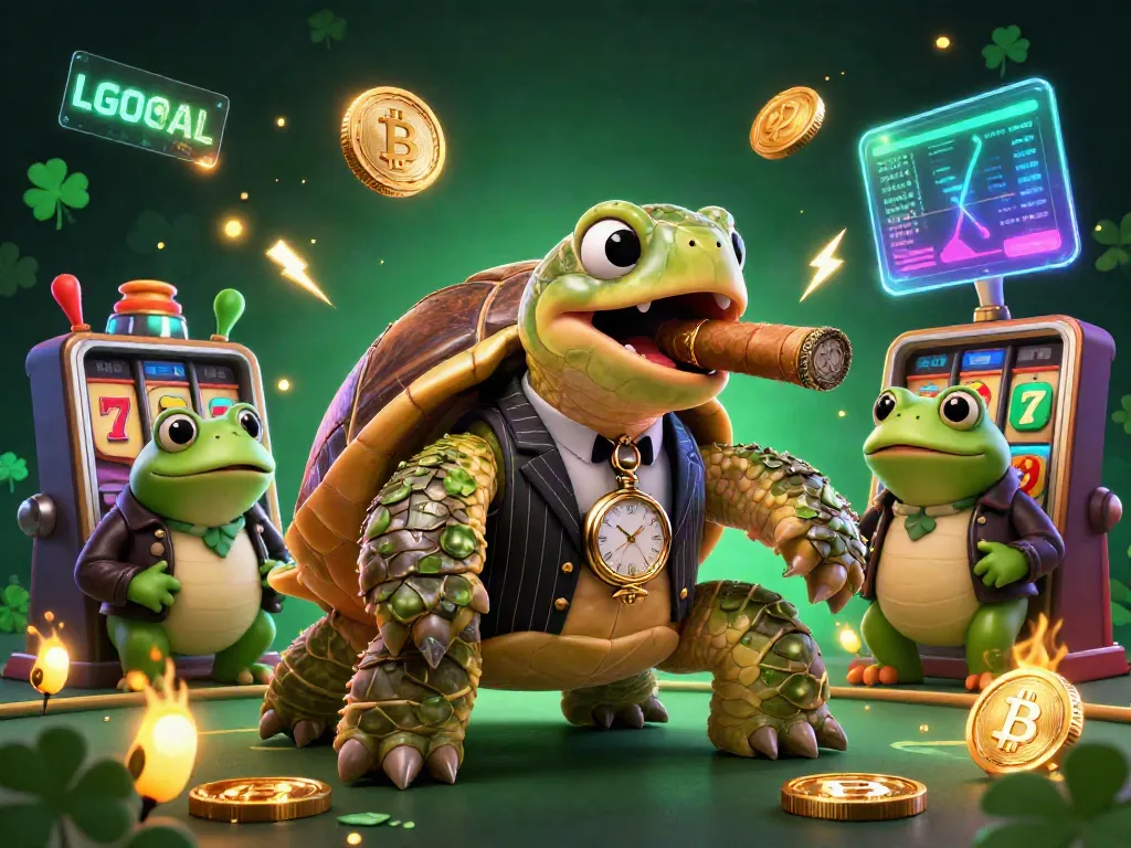 Experience thrilling gaming adventures at LGOGOAL with a vibrant 3D illustration featuring a classy snapping turtle and bullfrog enforcers amidst colorful casino elements.