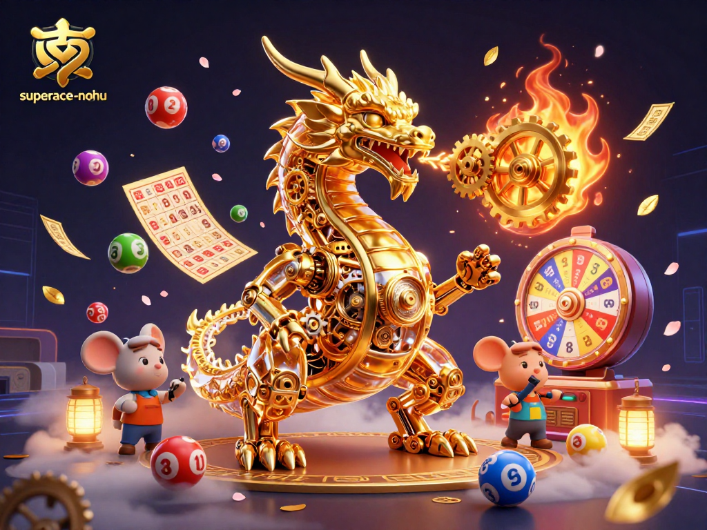 Engage in exciting gameplay with superace-nohu as dragon mechanics breathe gears and cogs amid vibrant casino elements.