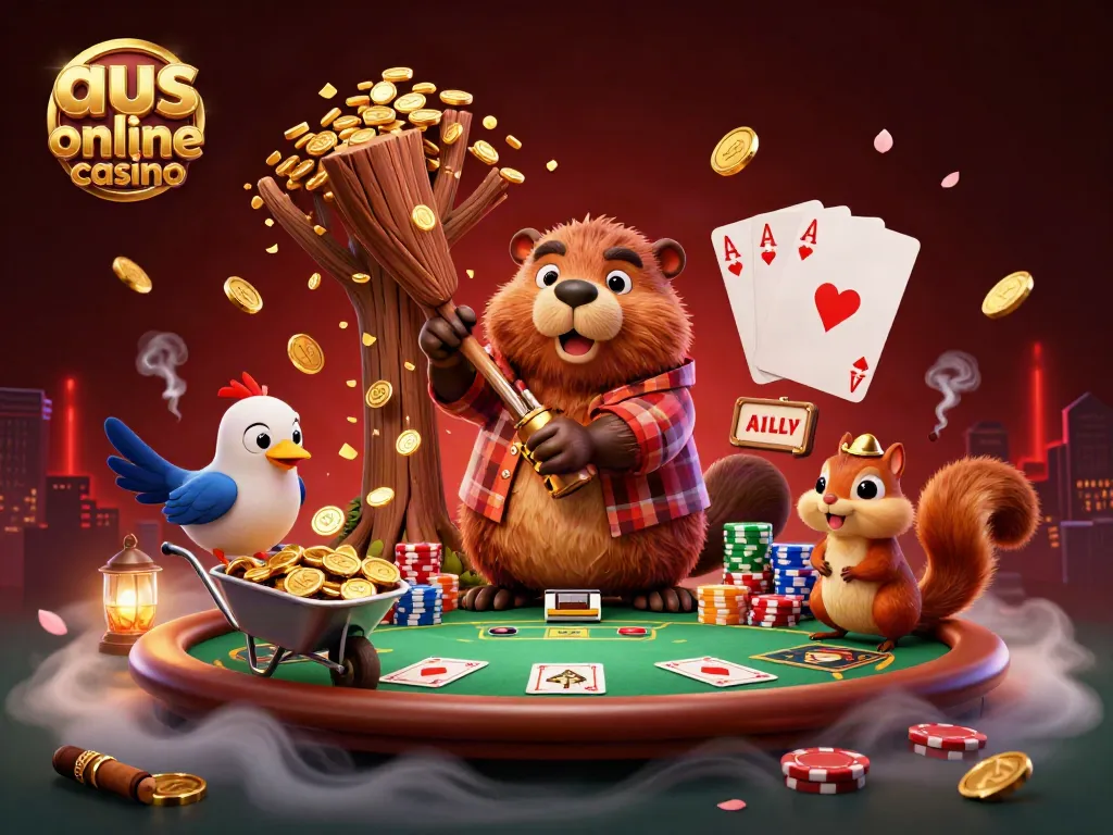 A lively scene depicting characters enjoying the aus online casino experience surrounded by poker elements and golden treasures.