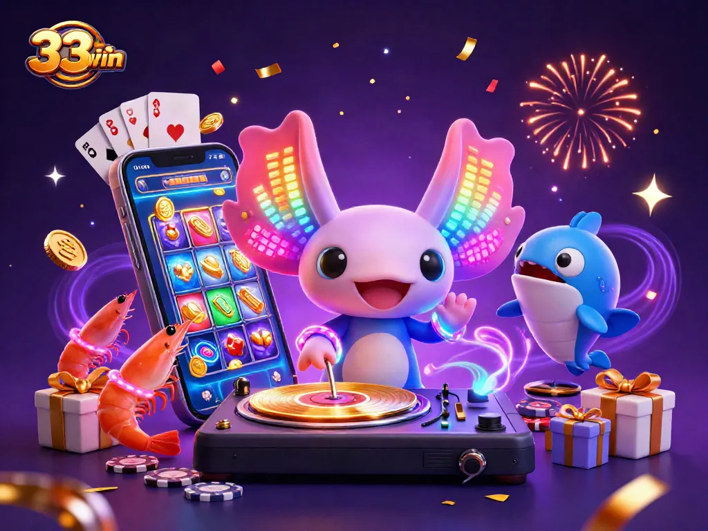 Experience the excitement of 33-win with a vibrant casino-themed underwater party featuring a neon axolotl DJ.