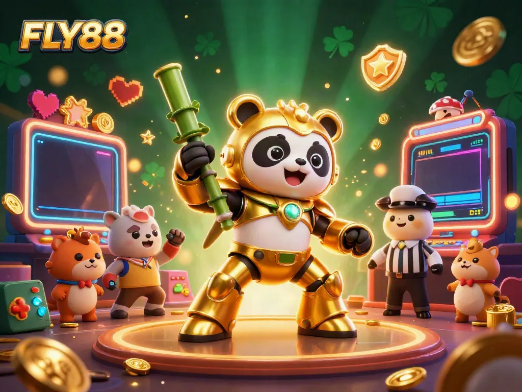 Engage with FLY88 as a golden panda battles in a vibrant casino arena filled with energy and vivid game elements.