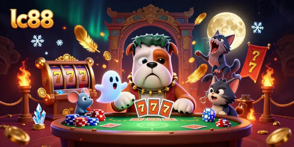 Engage with lc88 at a lively haunted casino scene featuring card-playing monsters and slot elements.