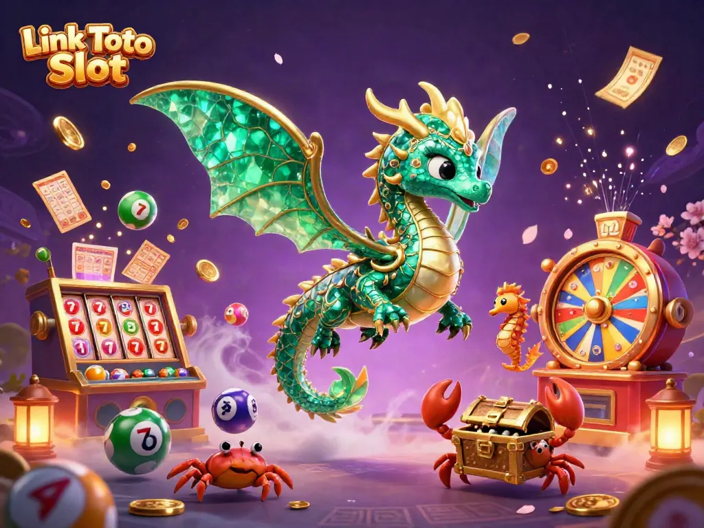 Jelajahi Link Toto Slot dalam ilustrasi kasino 3D penuh warna dengan naga laut dan elemen permainan menarik.