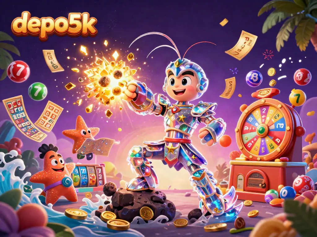 Action-packed casino scene with depo5k as a galactic samurai battles asteroids for golden gems.