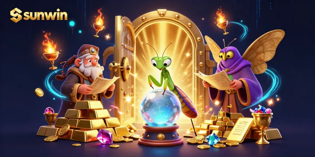 Engage with sunwin's magical gaming experience through a vibrant casino illustration featuring dynamic characters and rich treasures.