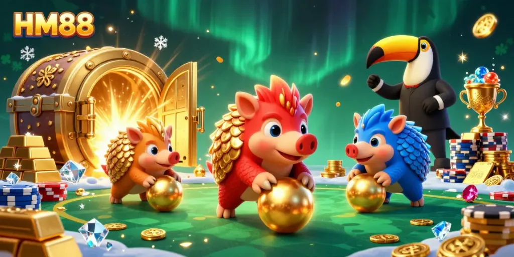 Engage in thrilling gameplay at HM88 as pangolins navigate golden treasures and poker chips.
