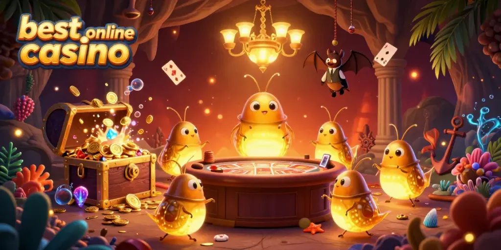 Experience the thrill at the best online casino with glowworms lighting up a lively cave casino scene.