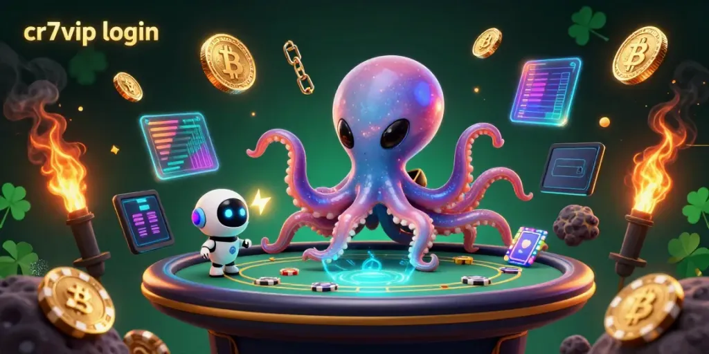Mengakses cr7vip login dalam sebuah permainan poker holografik dengan karakter alien berwarna-warni dan robot yang bersemangat.