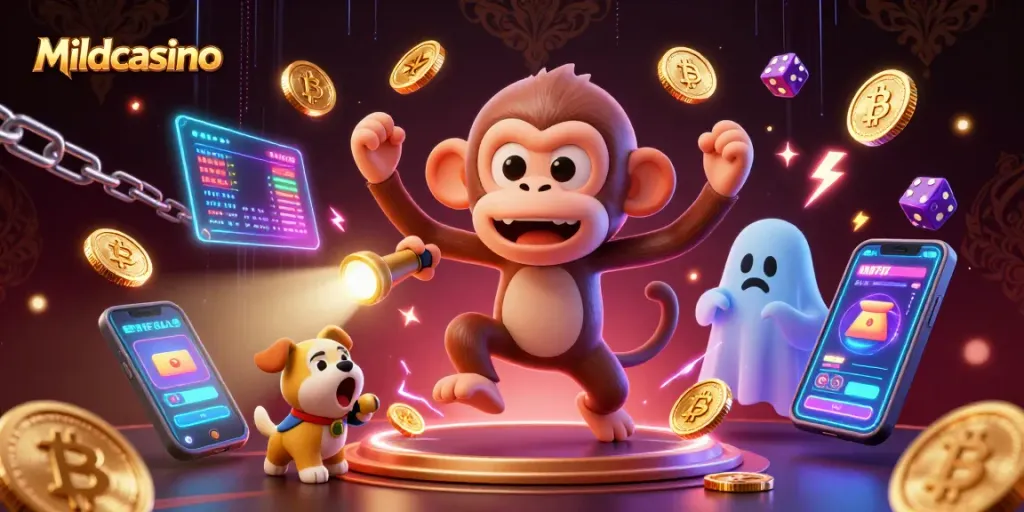 Mildcasino engages gamblers with a lively haunted casino scene featuring a juggler monkey and playful puppy.