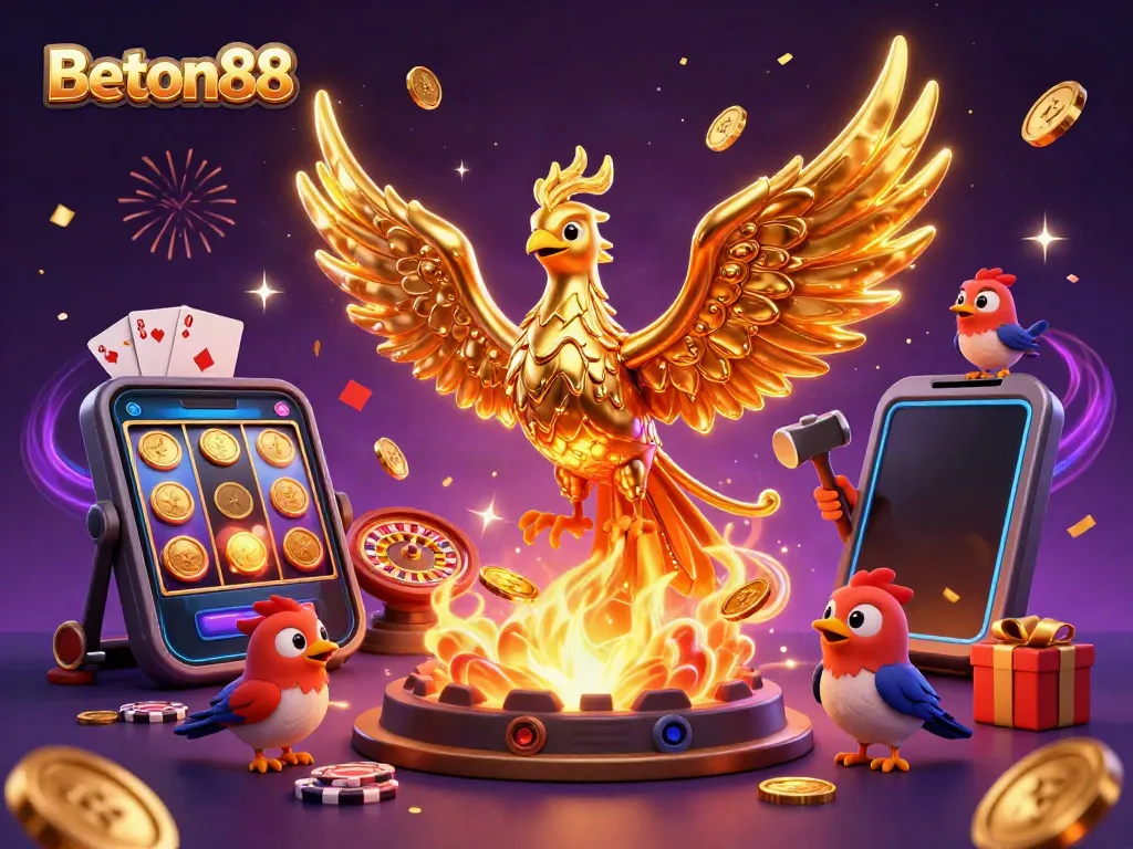Bermain di Beton88 dengan slot menguntungkan dan karakter 3D phoenix berkilau.