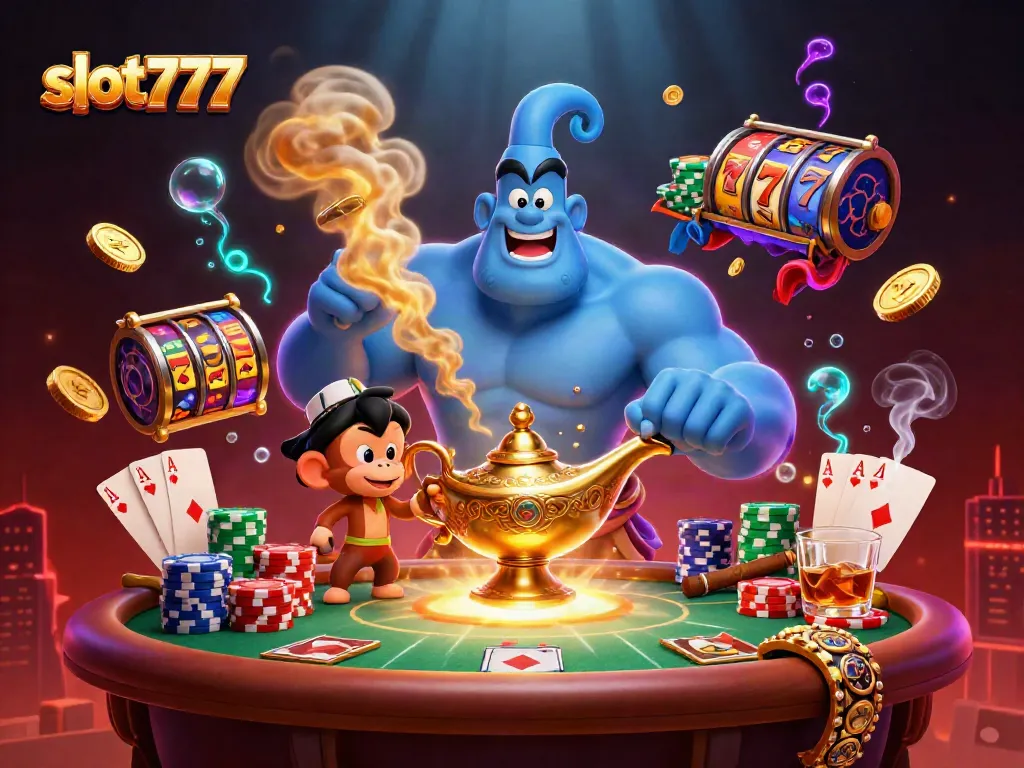 Experience the thrilling atmosphere of slot777 with a dynamic scene featuring a genie, poker chips, and vibrant game elements.