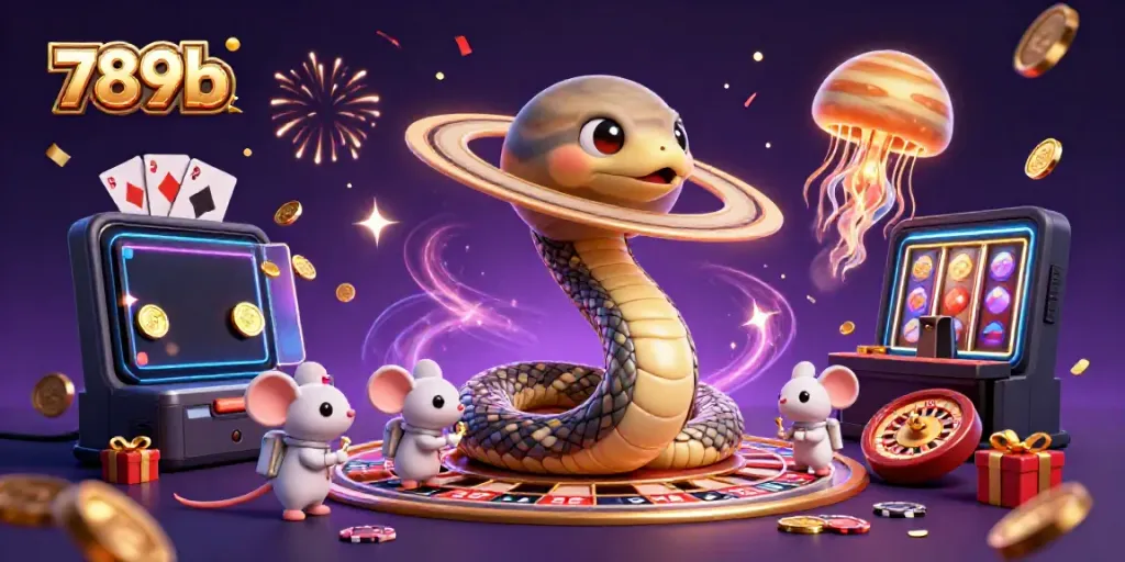 Experience thrilling bets with 789b as cartoon characters interact in a vibrant cosmic casino scene.