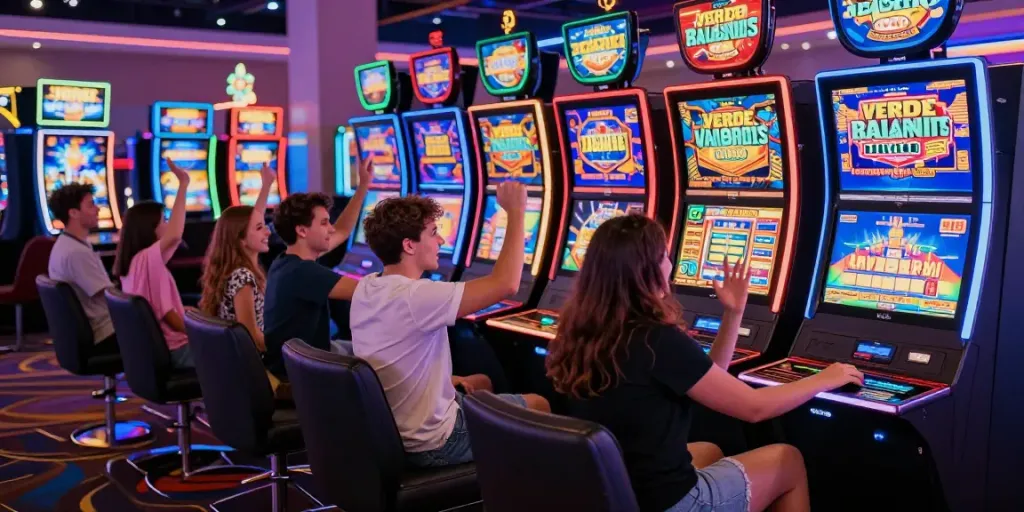 Verde Casino mit glücklichen Spielern an bunten Spielautomaten in lebhafter Atmosphäre.