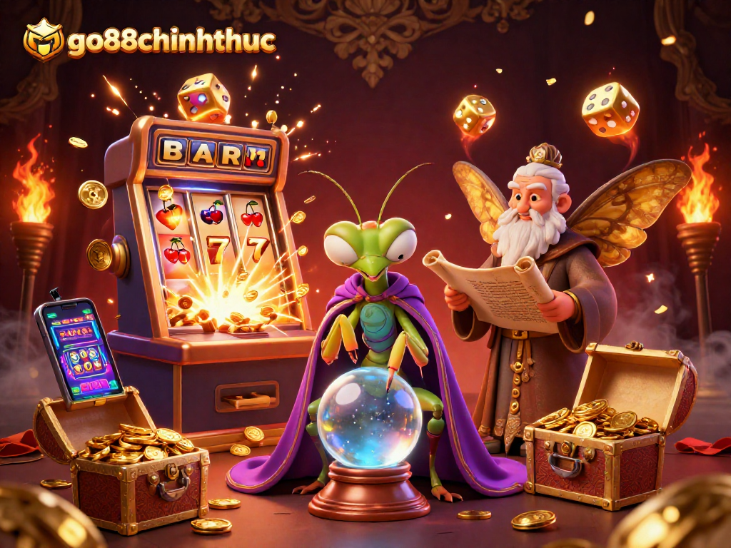 Go88chinhthuc showcases a vibrant casino scene with fortune tellers and slot machines, captivating players.