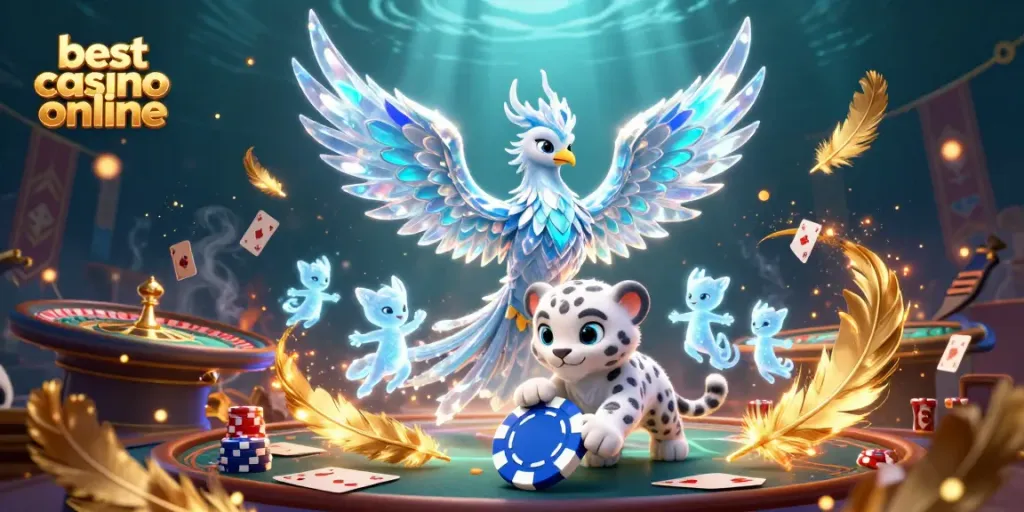 Experience the best casino online with an ice phoenix and poker-themed illustration.