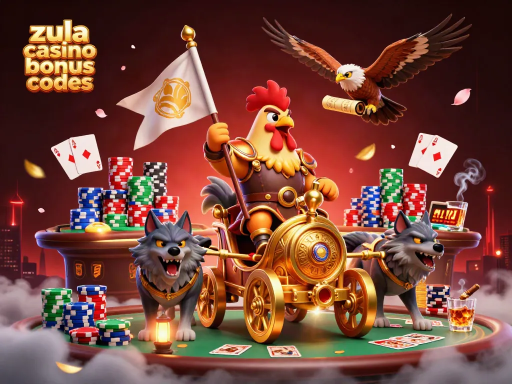 Engage with zula casino bonus codes through this vibrant 3D illustration of a rooster warlord in a casino setting.