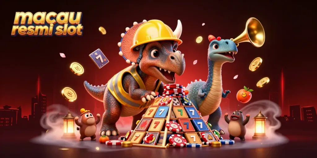 Menghadirkan macau resmi slot dalam ilustrasi 3D, triceratops dan parasaurolophus merayakan kemenangannya.