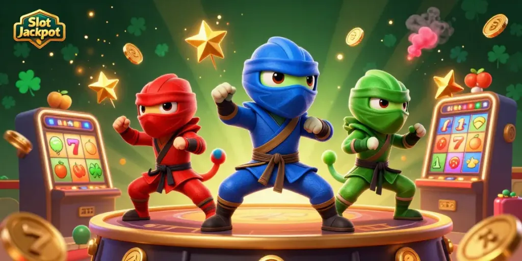 Experience thrilling Slot Jackpot adventures with ninja chameleons amidst dazzling casino symbols.
