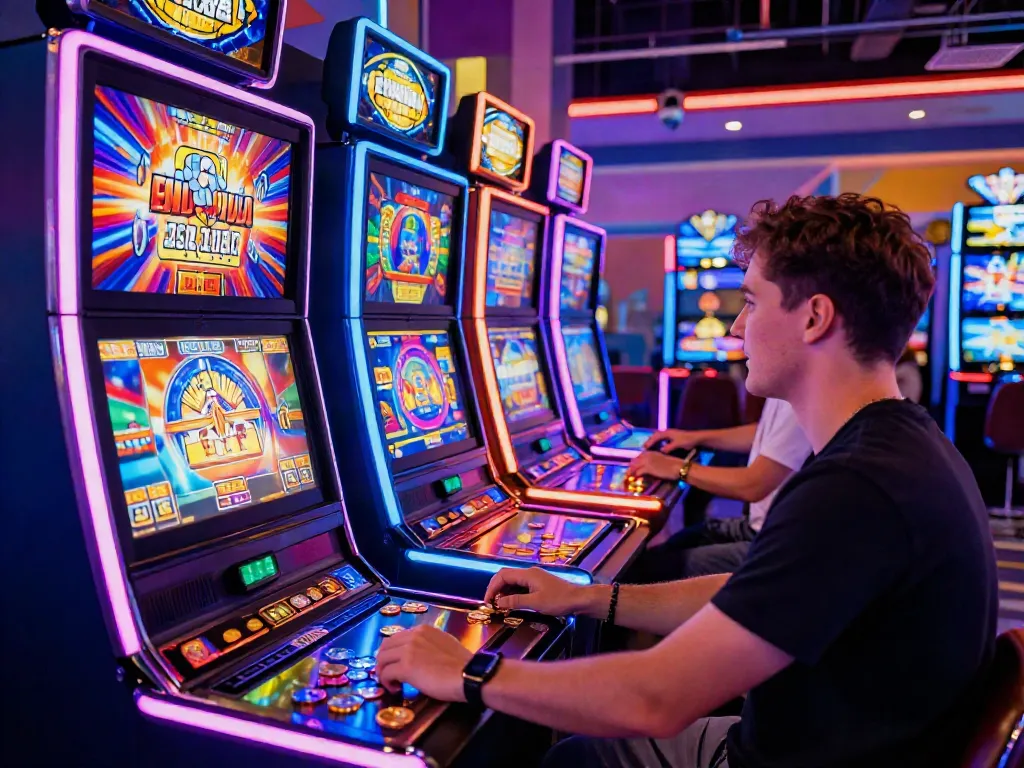 Player enjoying a slot demo machine in a vibrant casino atmosphere.