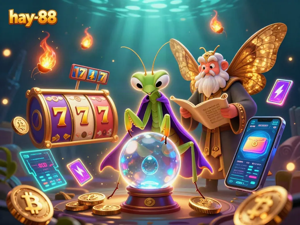 Engage with top-tier games at hay-88 featuring vibrant slot reels and a mystical fortune teller.