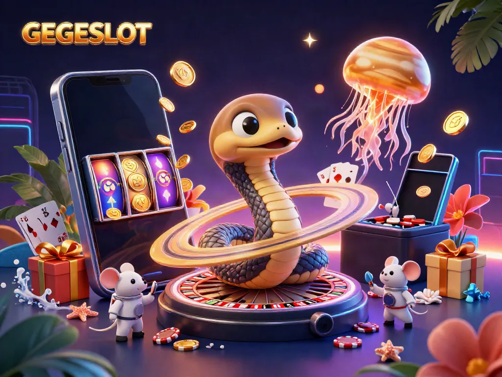 Engaging GEGESLOT scene of a Saturn ring snake roulette wheel with astronaut mice betting and a jellyfish dealer.