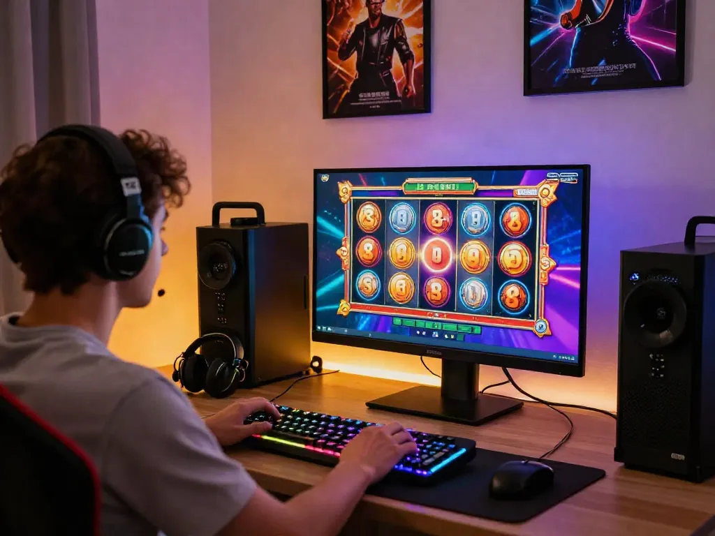 Player immersed in a gaming session, celebrating a slot jackpot win with vibrant screen graphics.