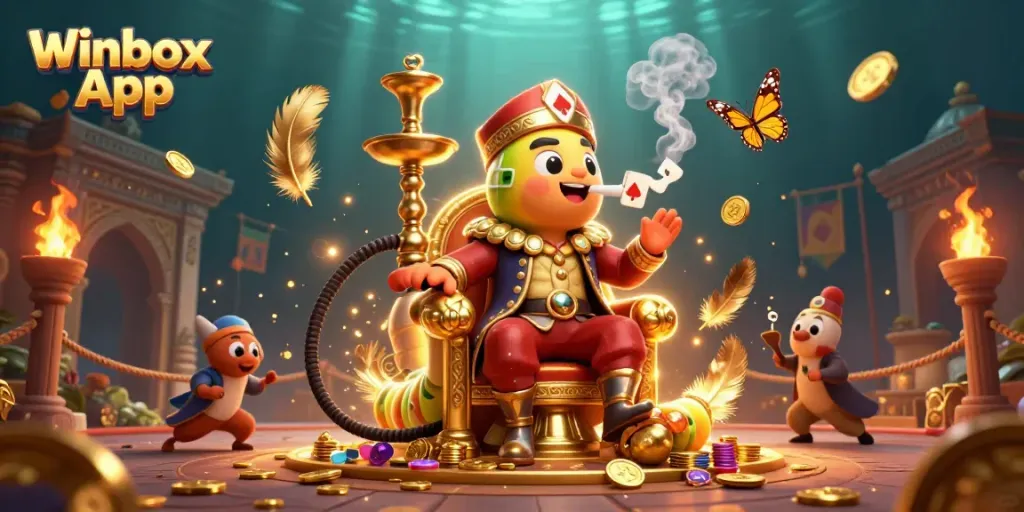 Winbox App features a colorful 3D illustration full of casino elements and engaging characters.