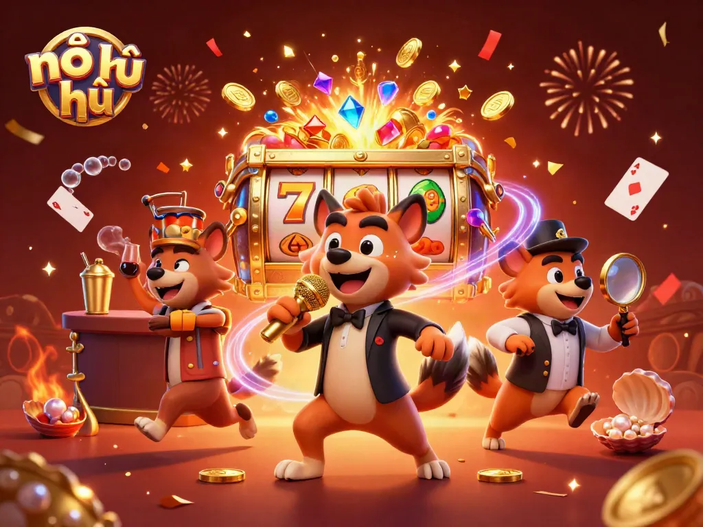 Engaging depiction of nổ hũ characters in a lively casino environment with interactive elements