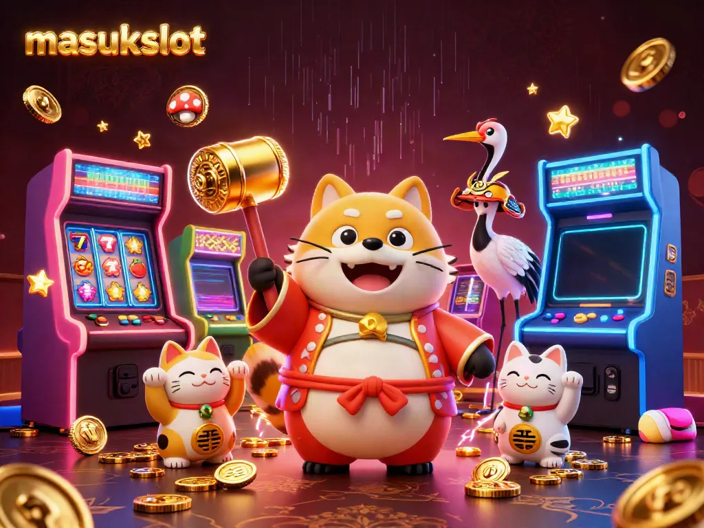 Menangkan hadiah menarik di masukslot dengan ilustrasi tanuki, crane, dan kucing keberuntungan.