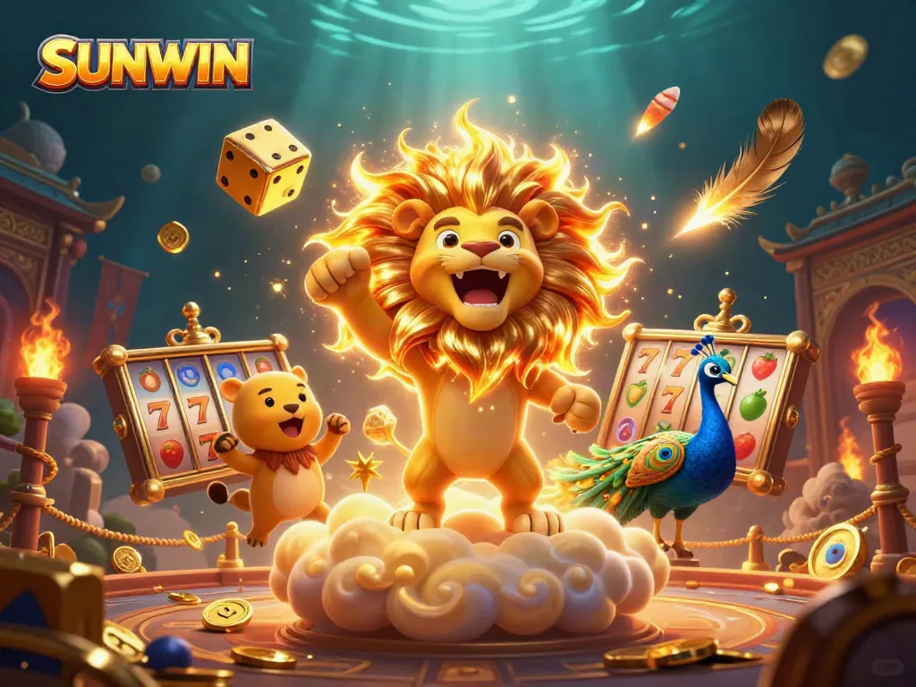 Experience exhilarating SUNWIN gaming with a 3D sun lion, golden dice, and slot elements for immersive fun.