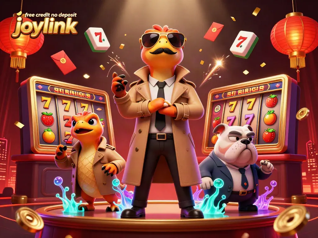 Explore free credit no deposit joylink opportunities in a vibrant casino scene featuring playful raptors.