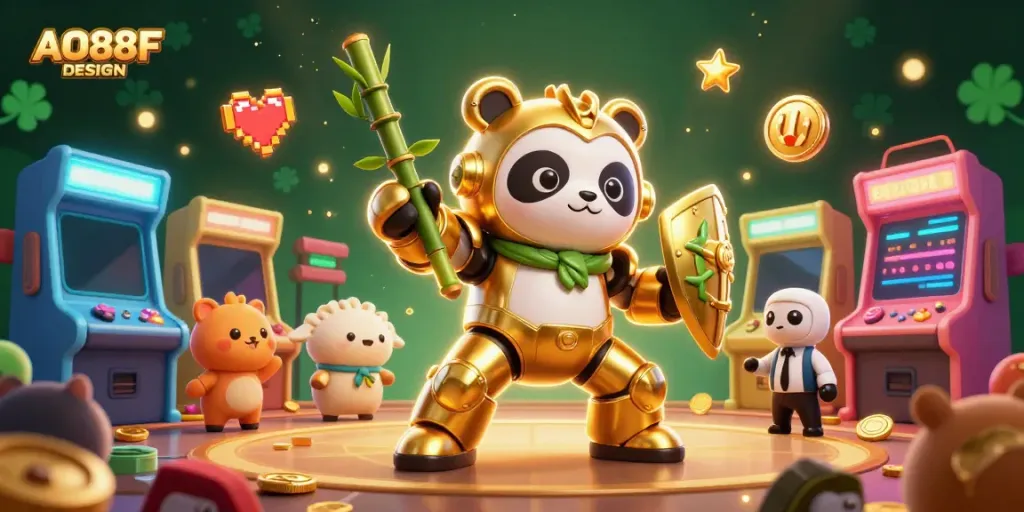 Experience the thrill of gaming with AO88F DESIGN as a golden panda battles in a vibrant casino arena.