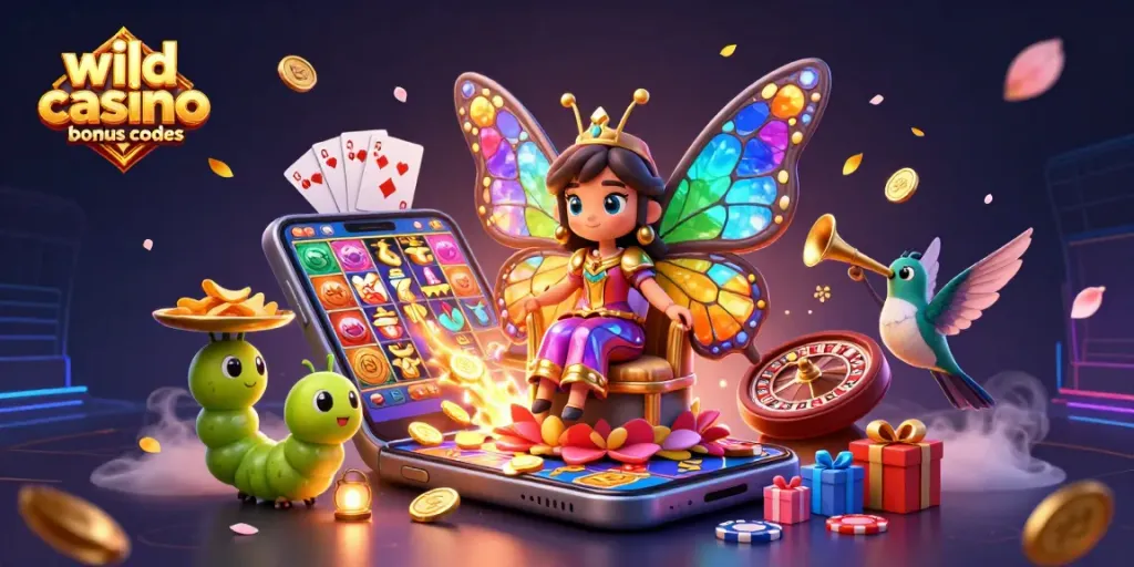 Experience wild casino bonus codes with the lavish butterfly queen design and vibrant casino elements.