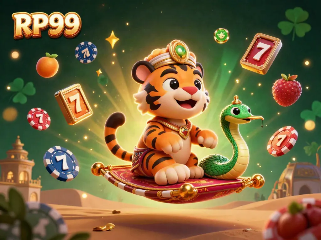 Play RP99 slots alongside a vibrant Arabian-themed scene featuring the tiger sultan, jackpot reels, and glowing coins.