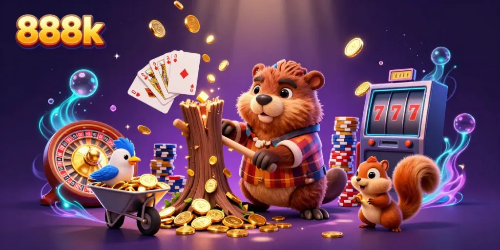 Experience gaming magic with 888k as a cartoon beaver collects coins amidst cascading riches.