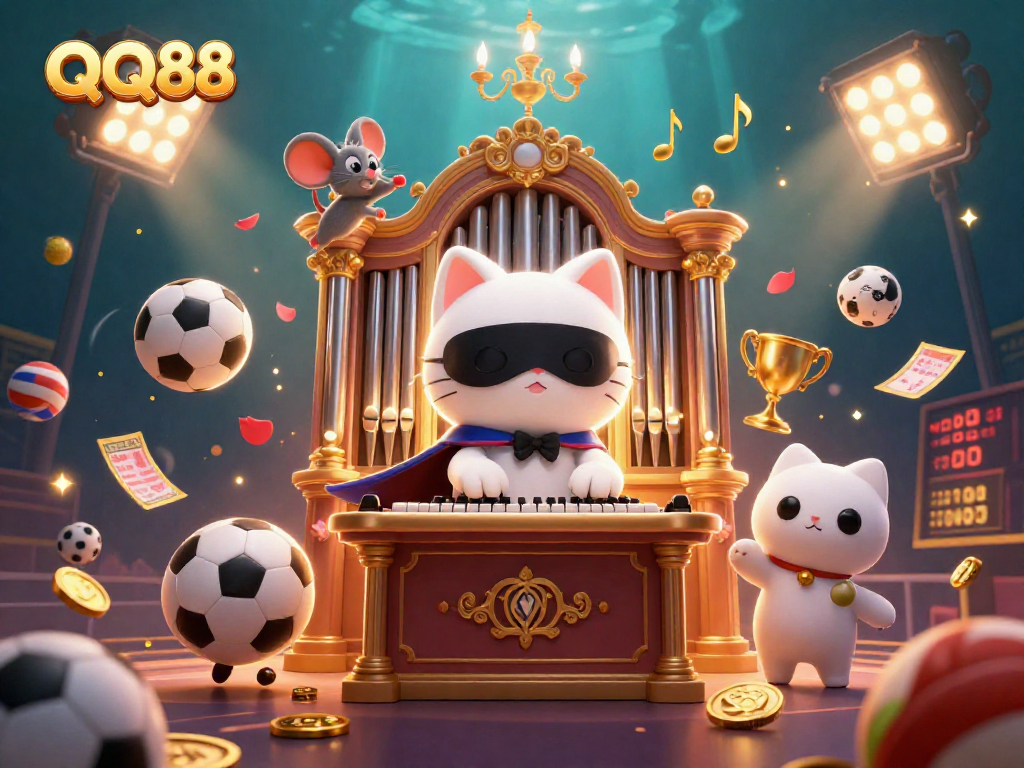Experience thrilling gameplay with QQ88 featuring a phantom cat, sports betting elements, and a vibrant casino atmosphere.