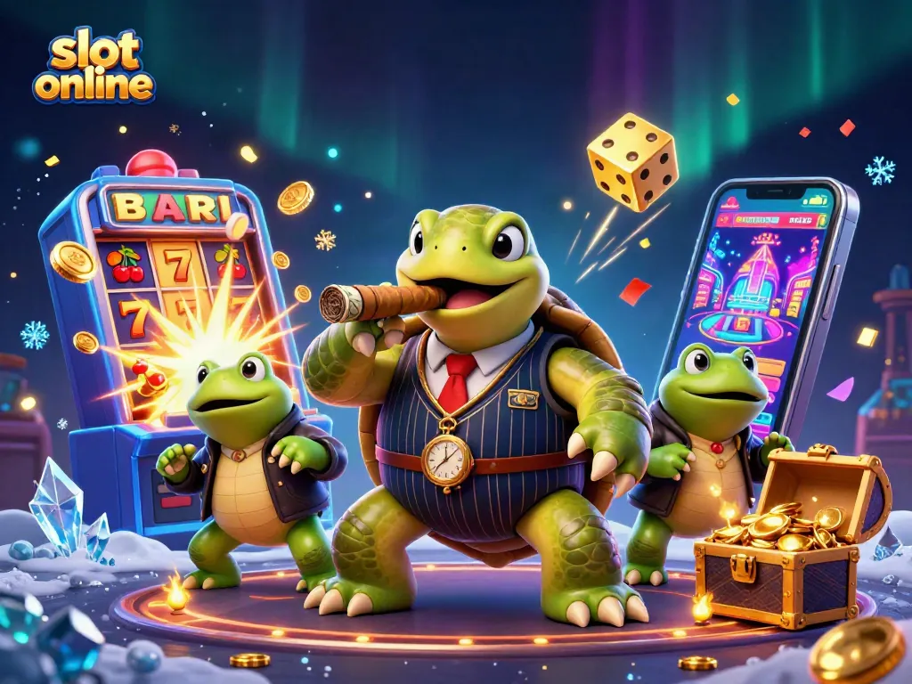 Experience thrilling slot online action with our dynamic casino scene featuring a turtle mobster and exciting game elements.