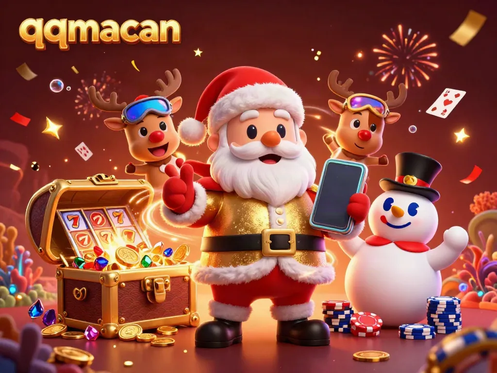 qqmacan celebrates with Santa Claus and his friends in a festive casino scene filled with slot elements.
