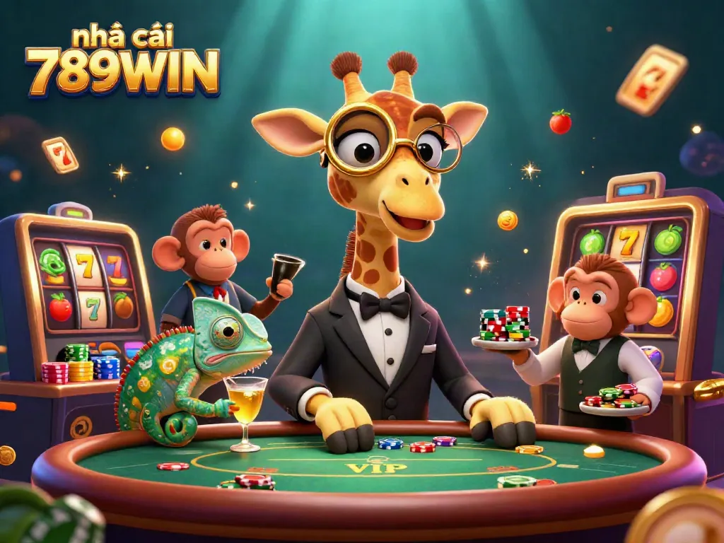 Engaging scene showcasing nhà cái 789WIN with a high-roller giraffe at a poker table surrounded by vibrant slot elements.