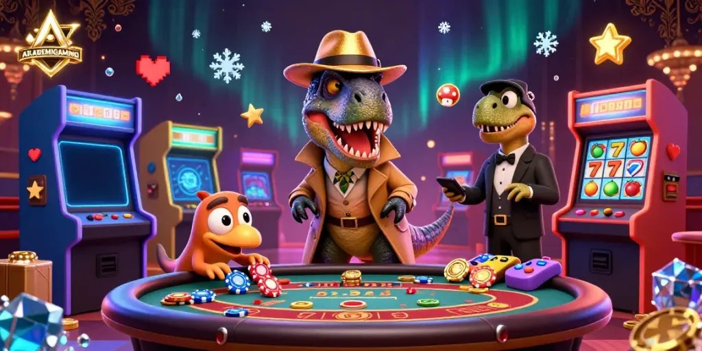 AKADEMIGAMING showcases a dynamic casino scene with a velociraptor card counter, highlighting strategic gameplay and excitement.