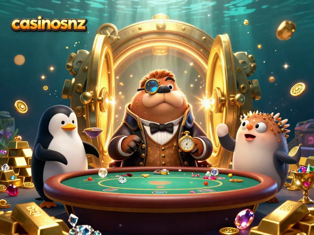 Engage with casinosnz and enjoy a thrilling underwater poker scene featuring a walrus, penguin dealer, and bluffing pufferfish.
