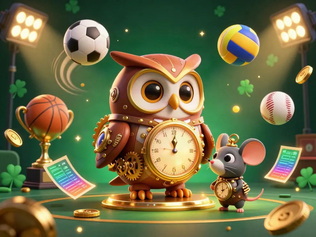 Experience dooball action with a 3D owl and mouse in a lively casino scene featuring sports elements.