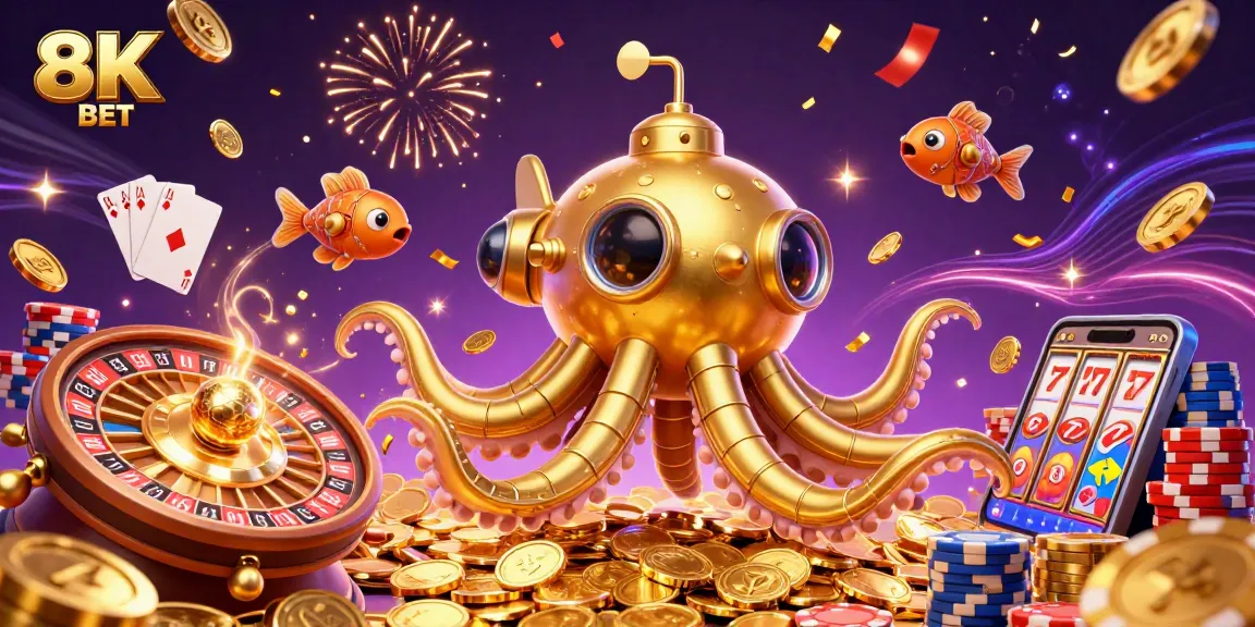 Experience thrilling casino excitement with 8K BET's dynamic golden kraken and vibrant game elements.